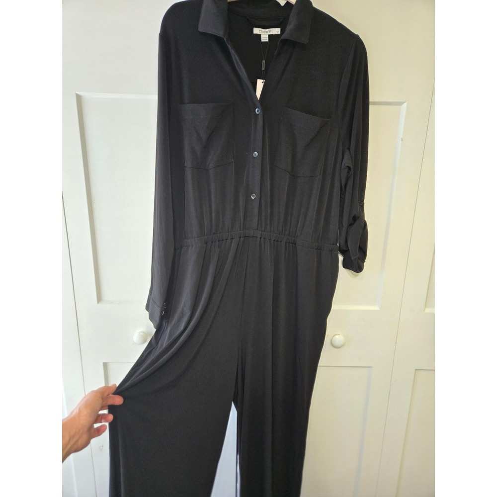 Chico's Y Neck ITY Jumpsuit Black Maxi Long Sleeve Size 3 XL New 570381053